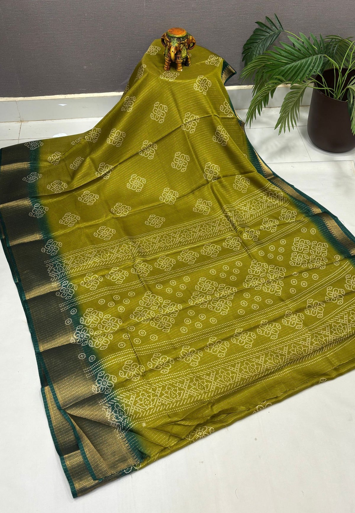 Semi Dola Silk Saree-Mehandi Green In Floral Dotwork Border