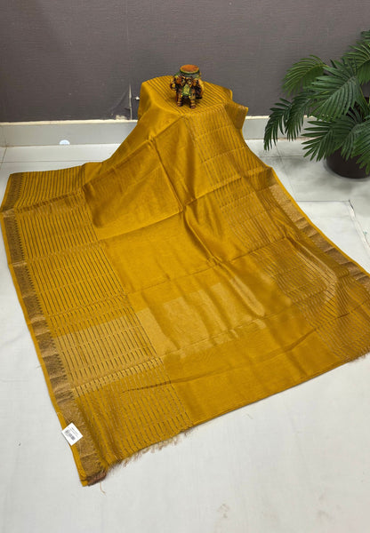 Semi Chinya Silk Saree-Mustard In Fine Stripe Zari Border