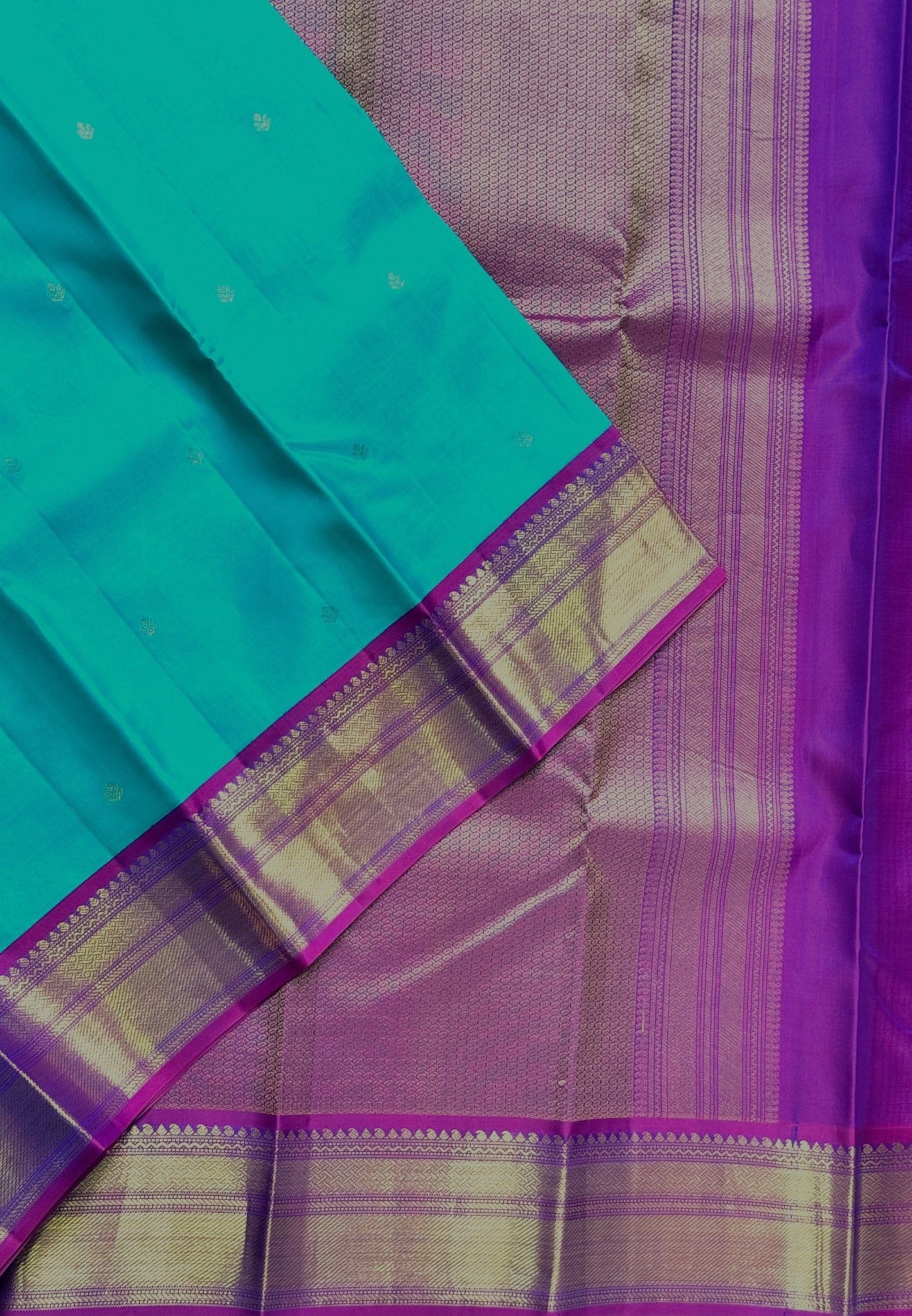 Pure Kanchipuram Silk Saree -Teal Green-Purple