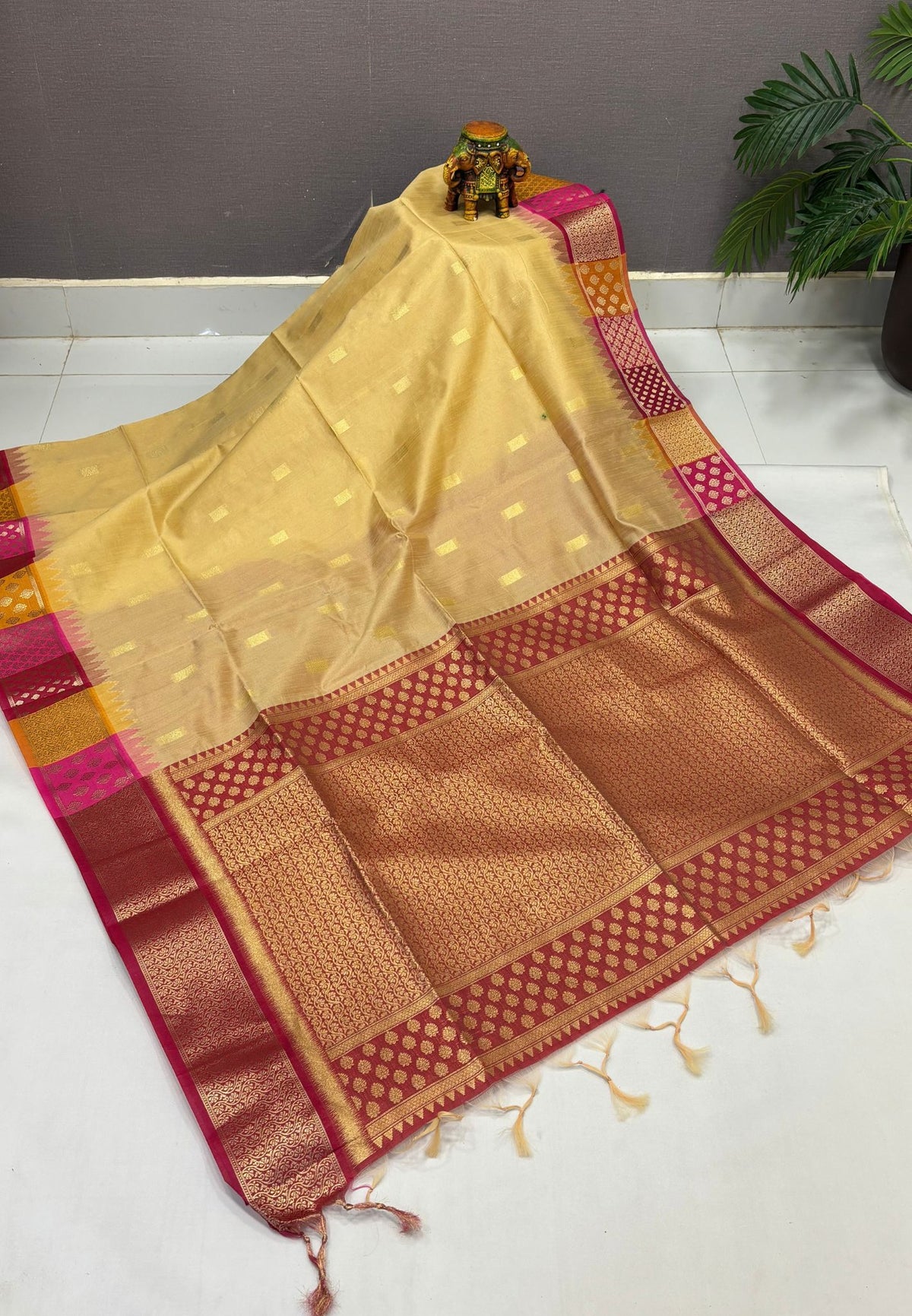 Raw Silk Saree-Sandel In Brocade Floral Panel Border