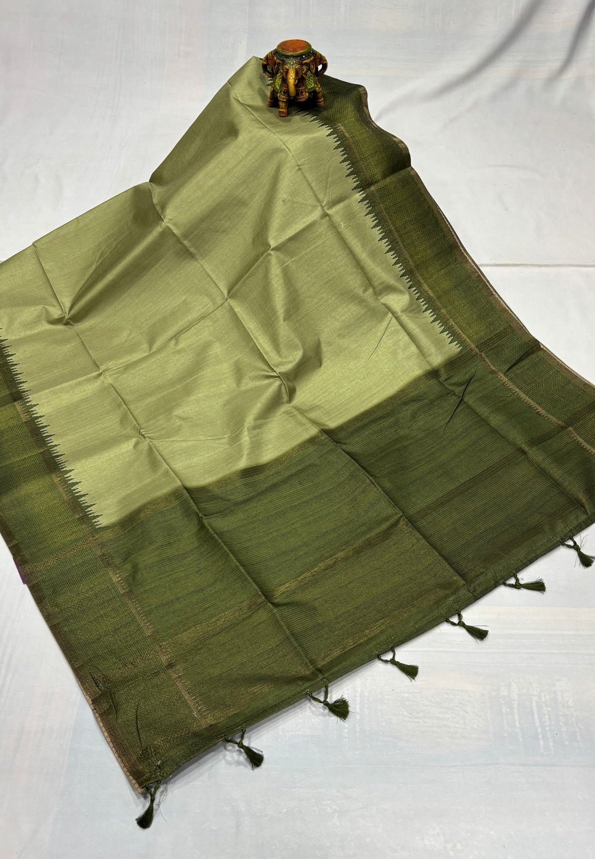 Semi Tussar Saree-Light Sage Green with Antique Zari Border