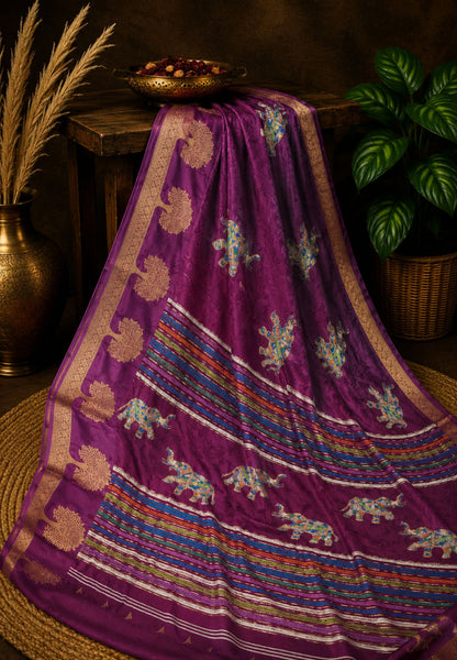 Chiffon Saree-Wine with Tree Zari