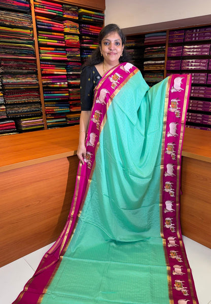 Pure Mysore Silk Saree-Seafoam Green In Pichwai Embroidery With Contrast Border