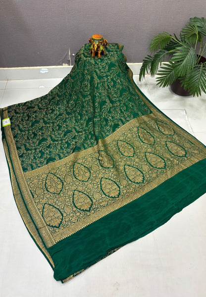 Pure Banarasi Kaddi Georgette Saree-Green In Paisley Floral Jaal Zari Border