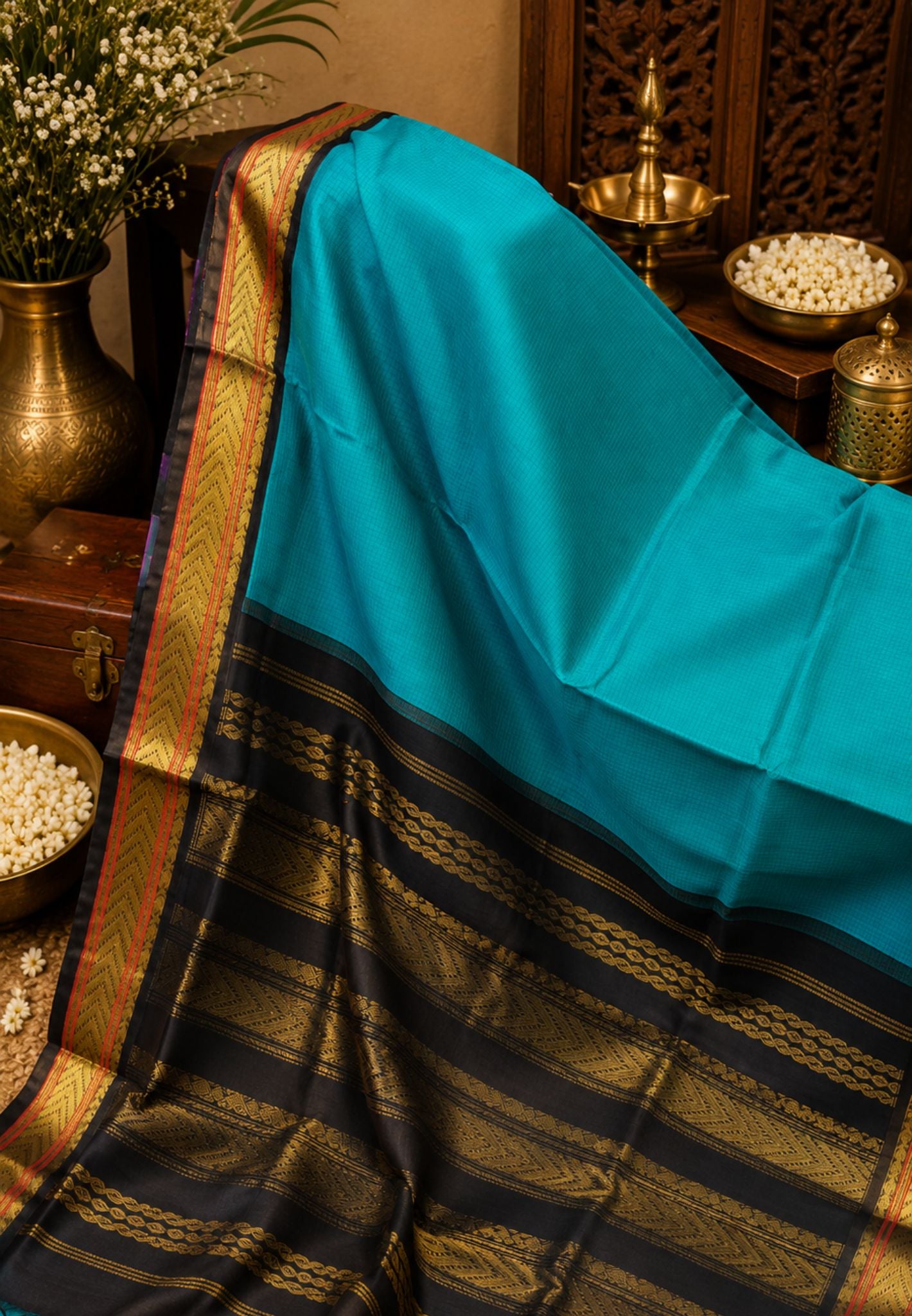 Pure Silk Cotton Saree-Ranar Green with Black Border