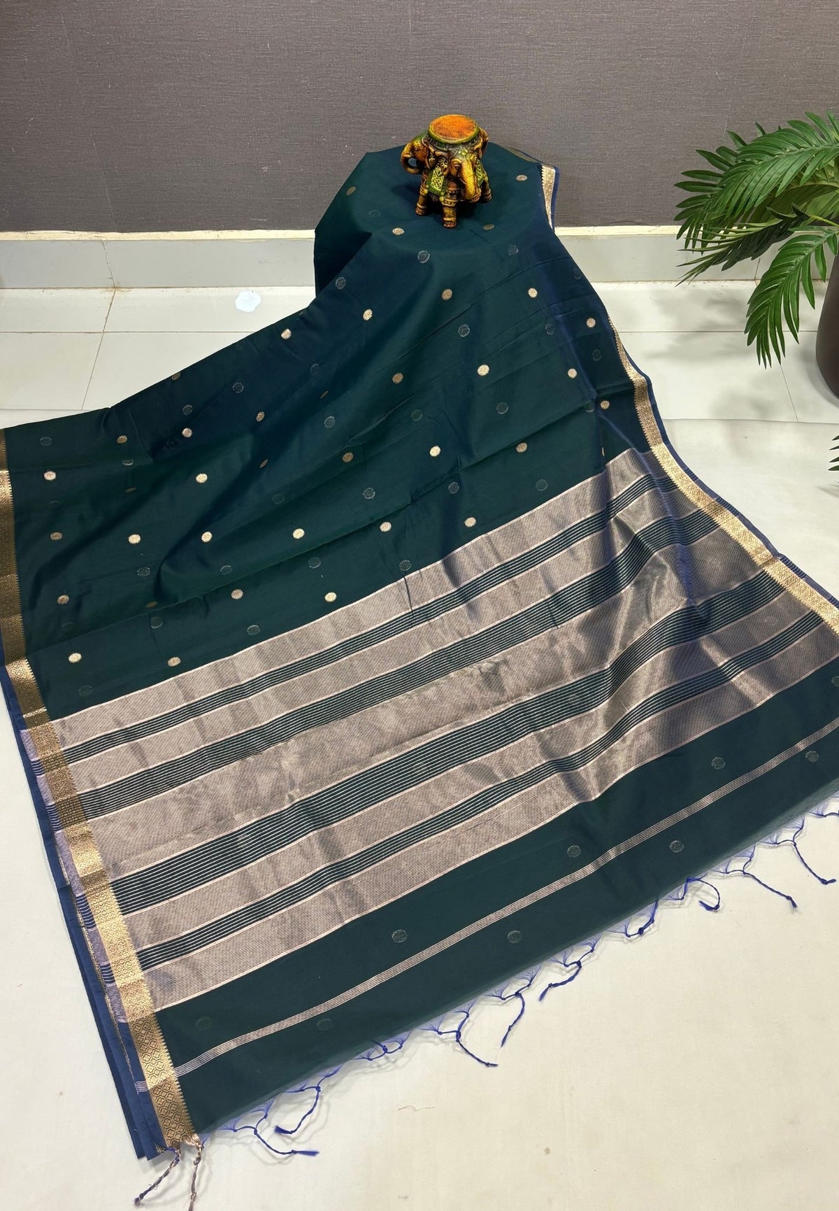 Semi Maheswari Saree-Peacocok Green In Multi-Stripe Zari Border