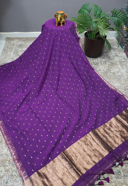 Handloom Cotton Saree-Purple With Delicate Woven Buttas