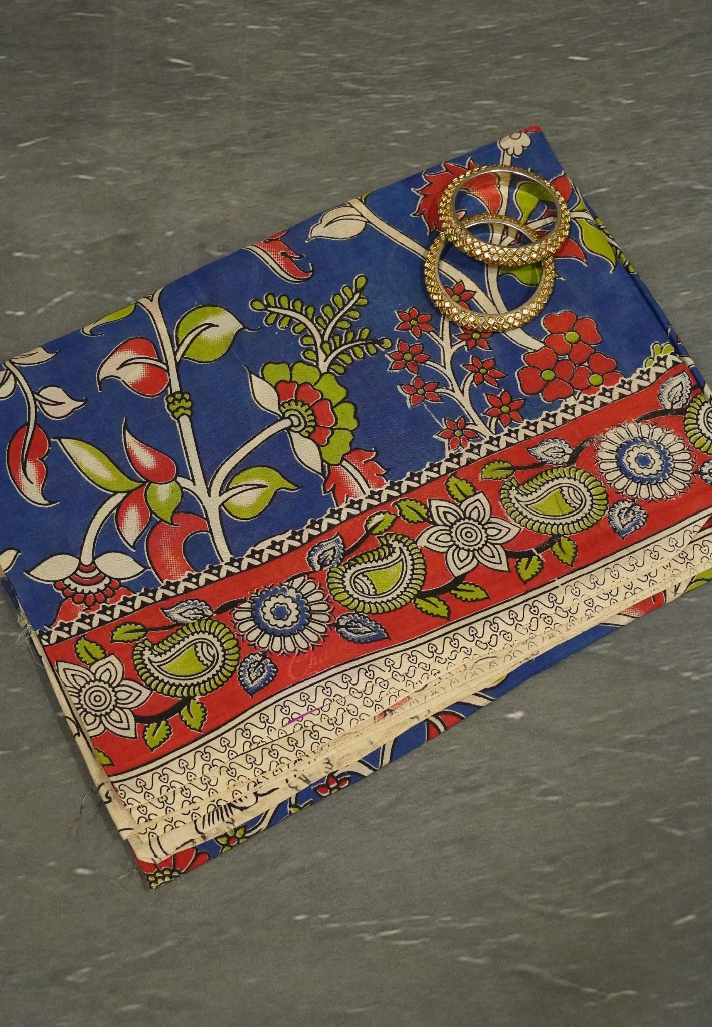Kalamkari Cotton Saree - Blue - Maroon