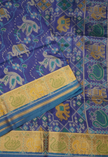 Raw Silk Saree - Ink Blue with Patola Print