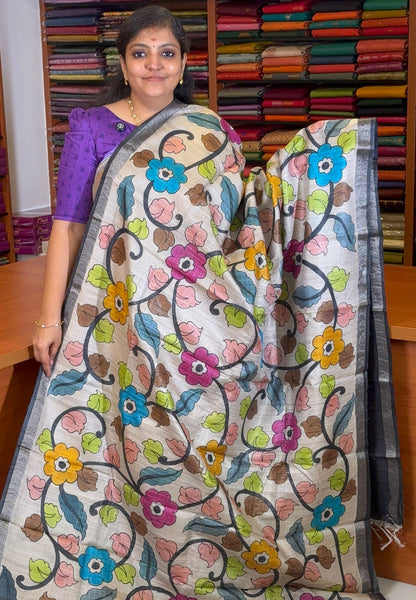 Pure Tussar Saree-Beige and Multicolour Floral Vine Print Pattern