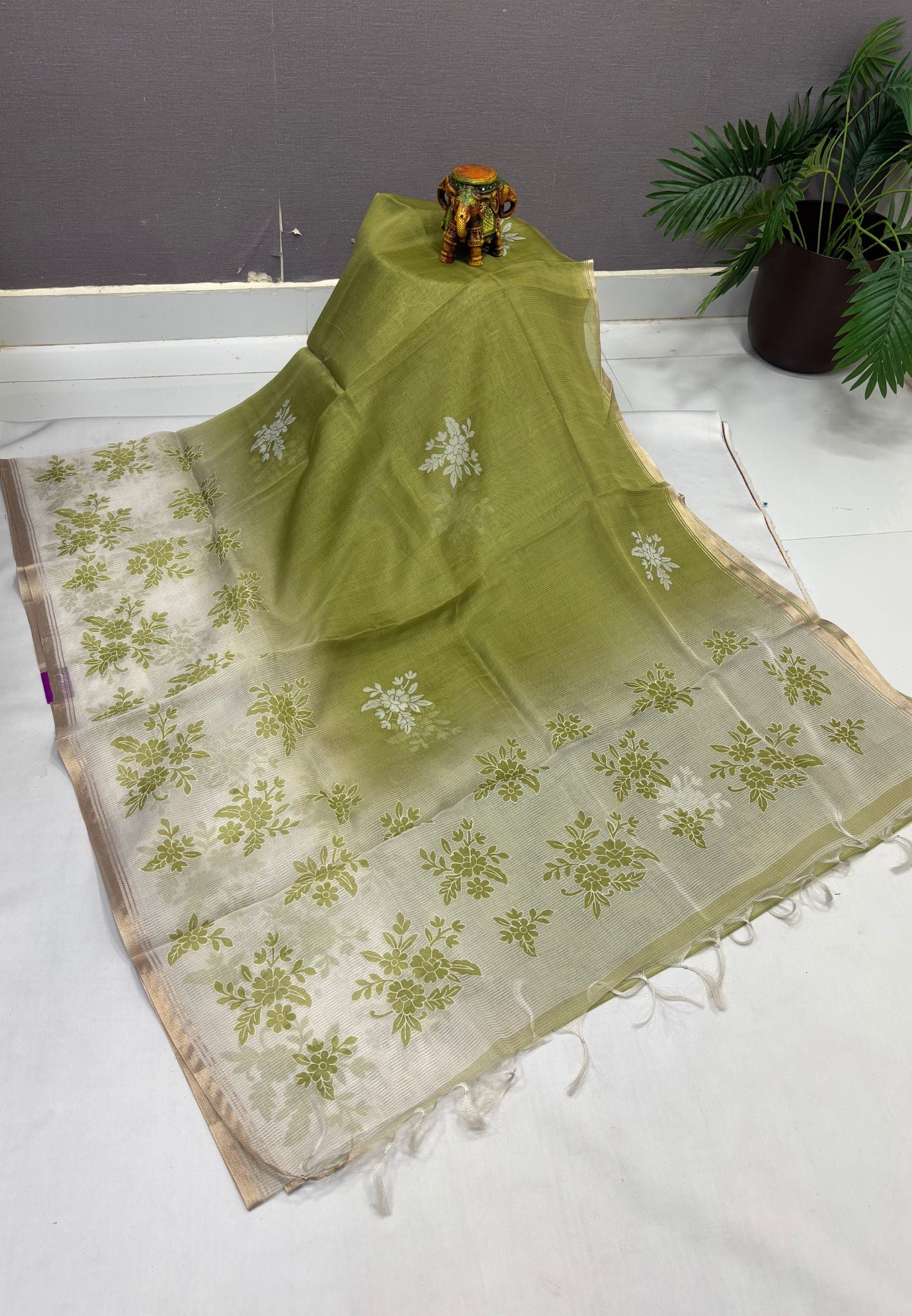 Organza Saree- Light Green with Floral Aplique Work