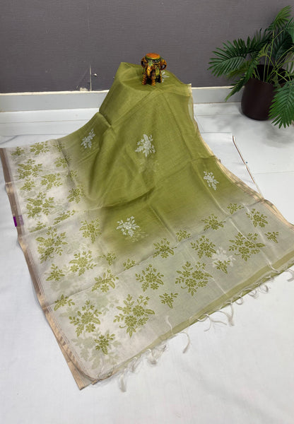 Organza Saree- Light Green with Floral Aplique Work