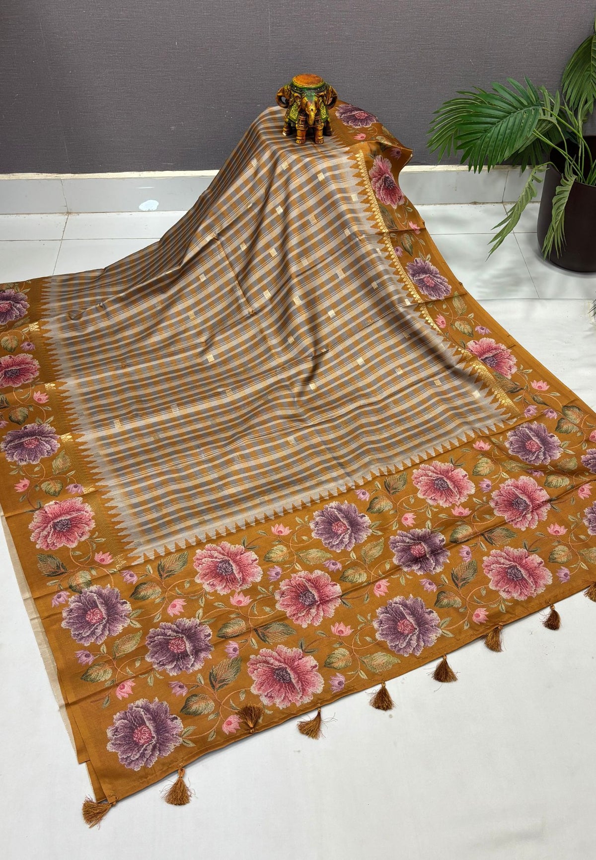 Soft Tussar Saree-Mustard in Floral Garden Border