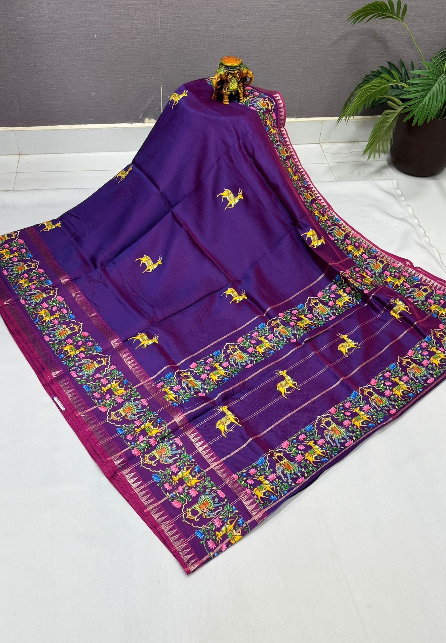 Pure Mangalgiri Silk Saree-Purple With Tanjore Print