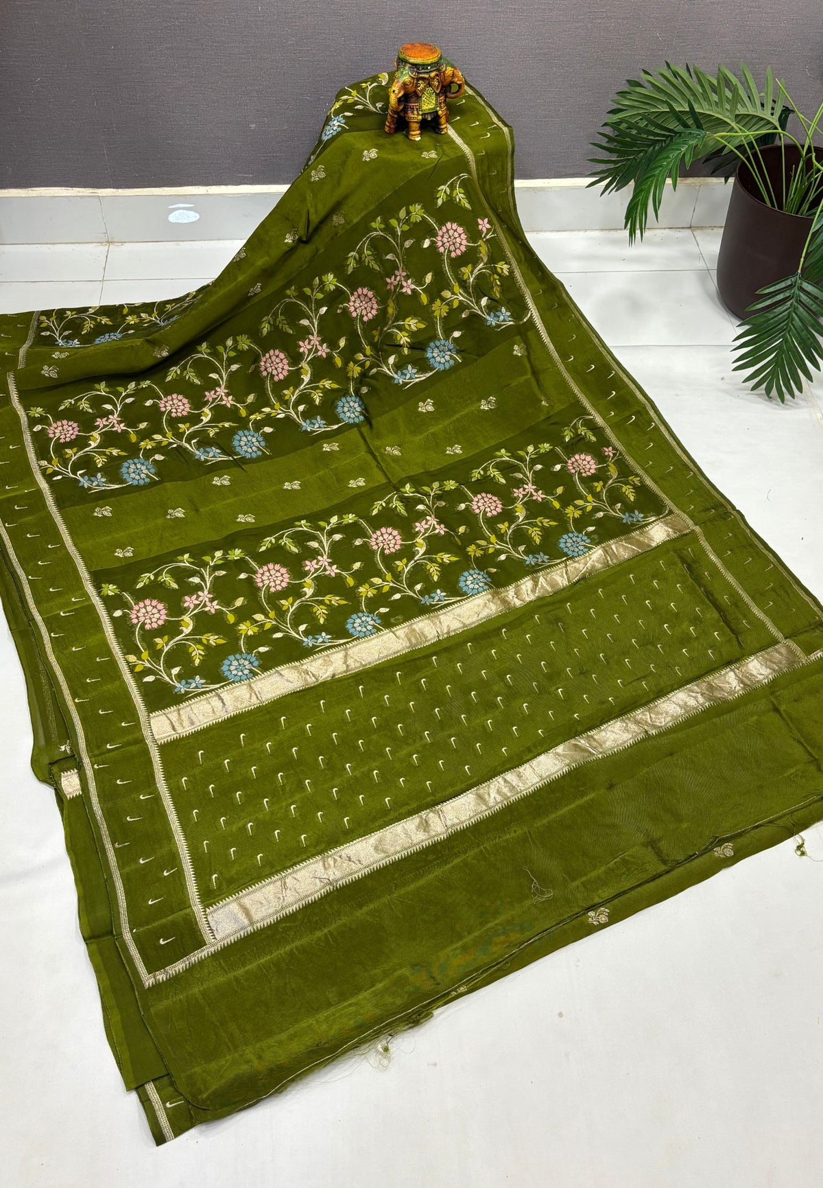 Satin Organza Saree-Olive Green In Paithani Floral Zari Border