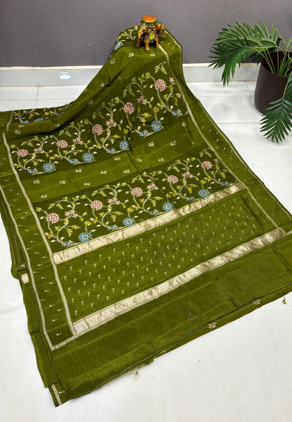 Satin Organza Saree-Olive Green In Paithani Floral Zari Border