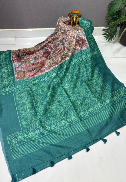 Pashmina Tussar Saree-Green in Kalamkari Floral & Peacock Border