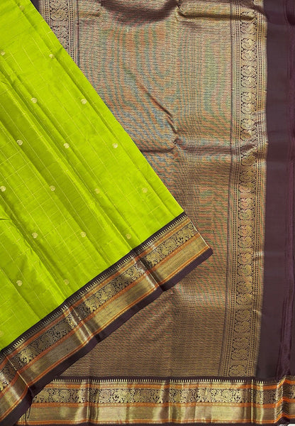 Pure Kanchipuram Silk Saree-Light Green in Checkered Zari with Contrast Border