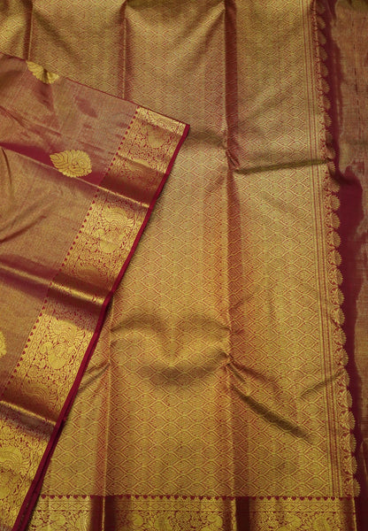 Pure Tissue Kanchipuram Silk Saree- Red with Paisley Zari Motif
