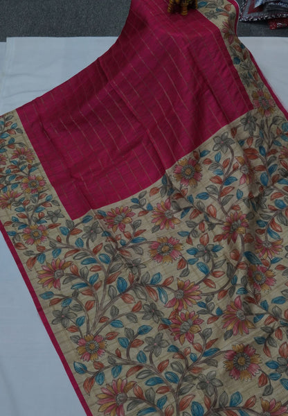Semi Tussar Saree-Dark Pink