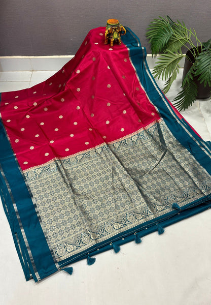 Gaji Silk Saree-Berry Pink in Butta Retpet Zari with Contrast Border