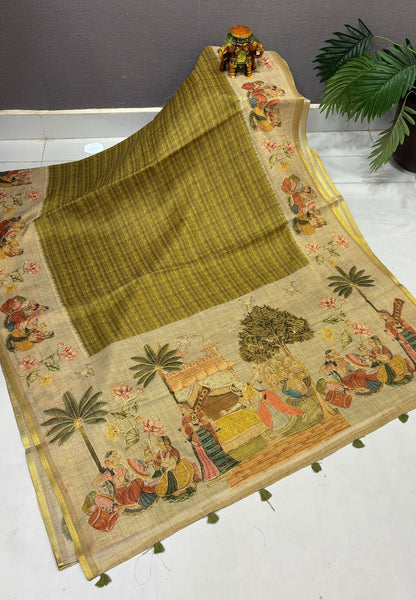 Tissue Linen Saree-Olive Green in Traditional Folk Art Printed Border