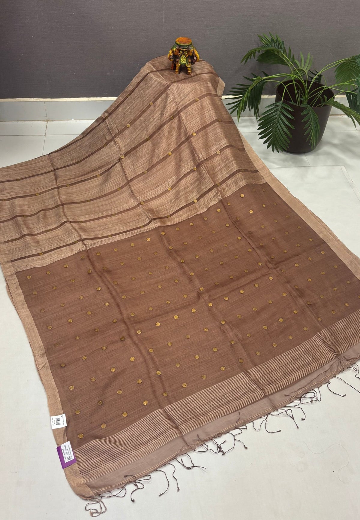 Pure Moonga Cotton Saree-Brown in Coin Butta with Striped Border
