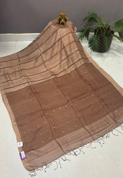 Pure Moonga Cotton Saree-Brown in Coin Butta with Striped Border