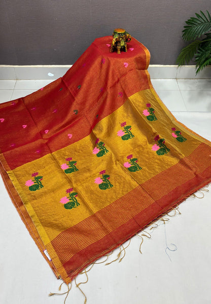Tissue Silk Saree-Red In Lotus Motif Border