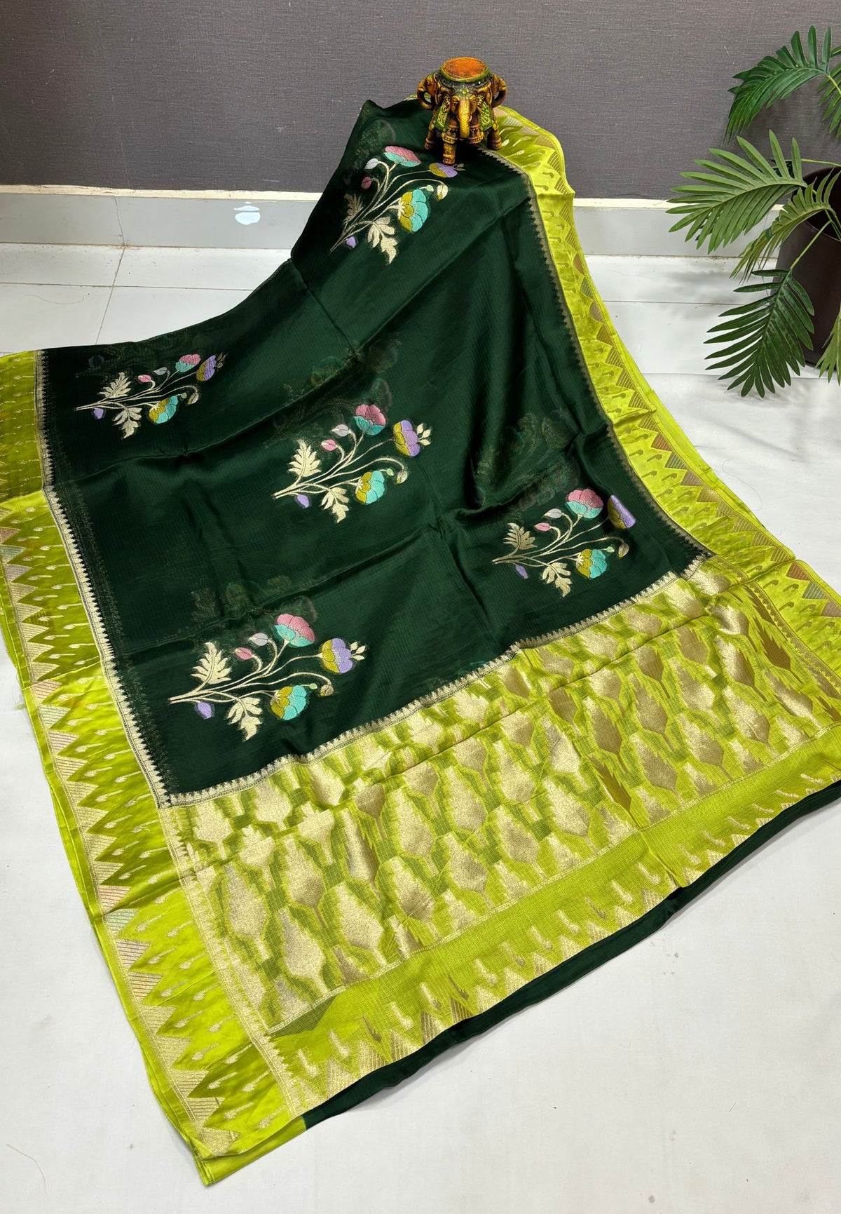 Silk Kota Saree-Bottle Green in Traditional Ikat-Inspired Zari Border