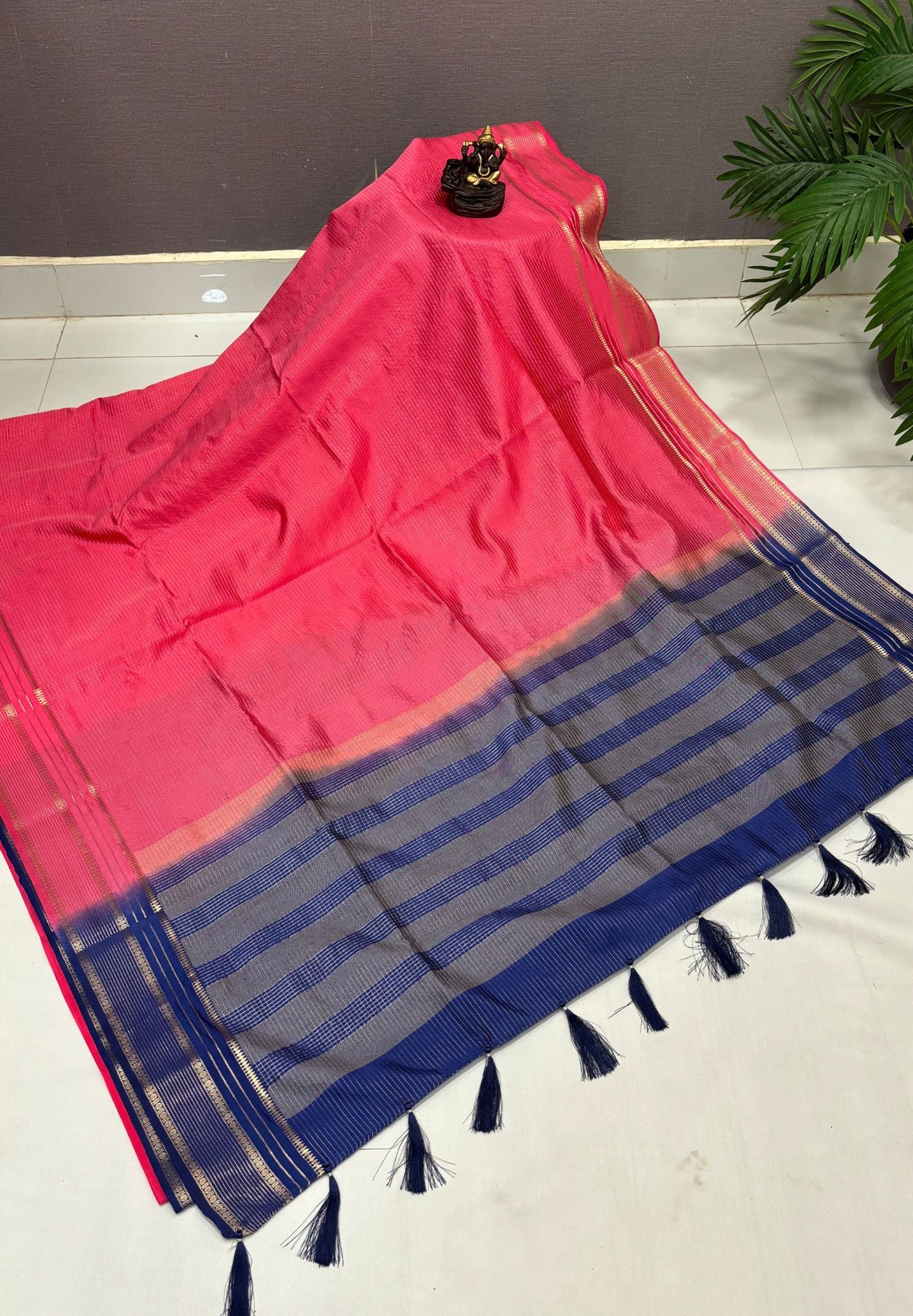 Mulberry Silk Saree-Redish Pink In Striped Zari With Contrast Border