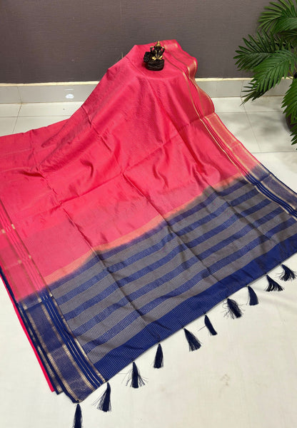 Mulberry Silk Saree-Redish Pink In Striped Zari With Contrast Border