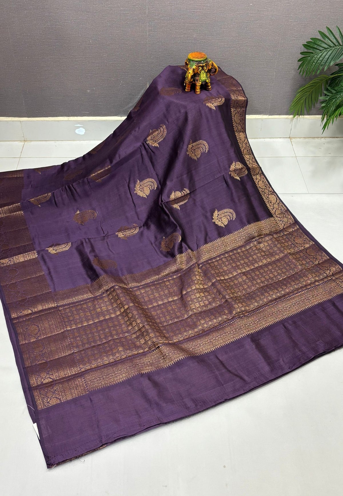 Pure Chinya Silk Saree-Dusky Violet In Antique Jaali Brocade Border