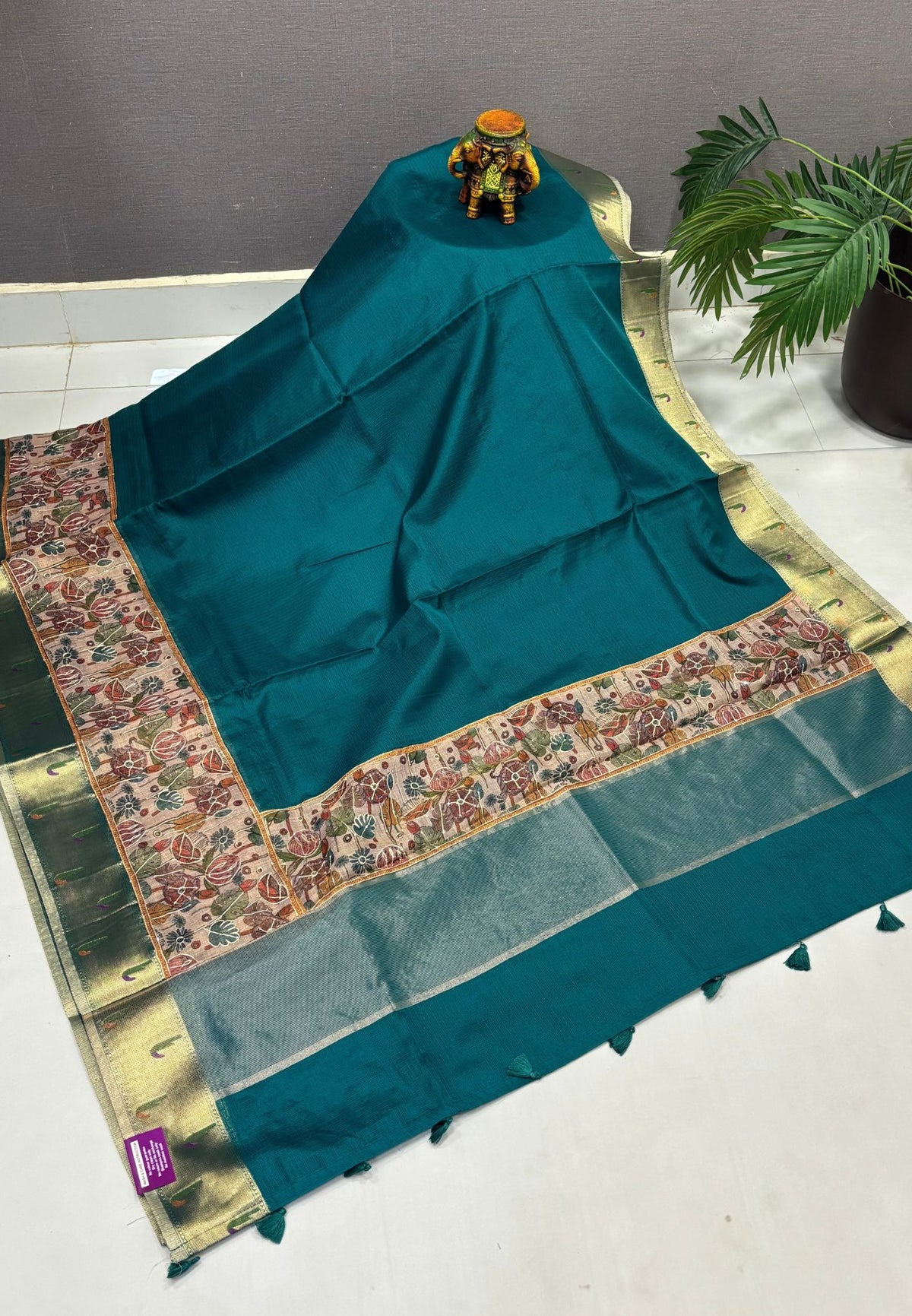 Silk Kota Saree-Peacock Green In Kalamkari Embroidery Border