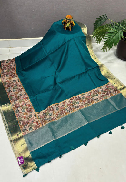 Silk Kota Saree-Peacock Green In Kalamkari Embroidery Border
