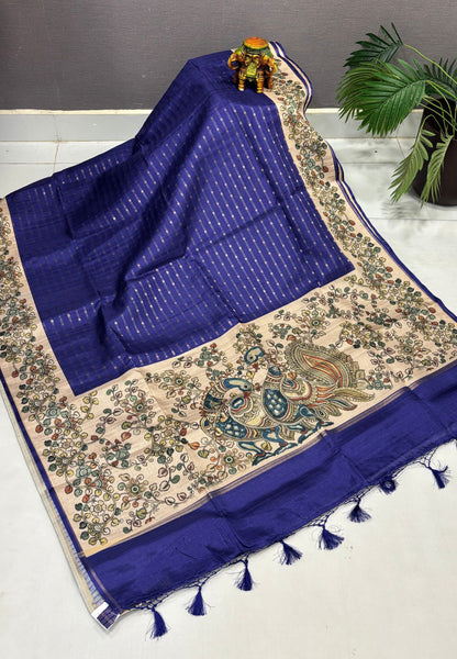Semi Tussar Saree-French Blue in Kalamkari Peacock Floral Border