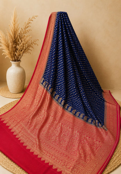 Banarasi Georgette Saree-Navy Blue with Contrast Border