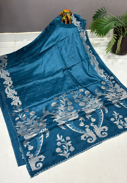 Garden Tussar Saree-Blue in Floral Jaal Embroidery Border