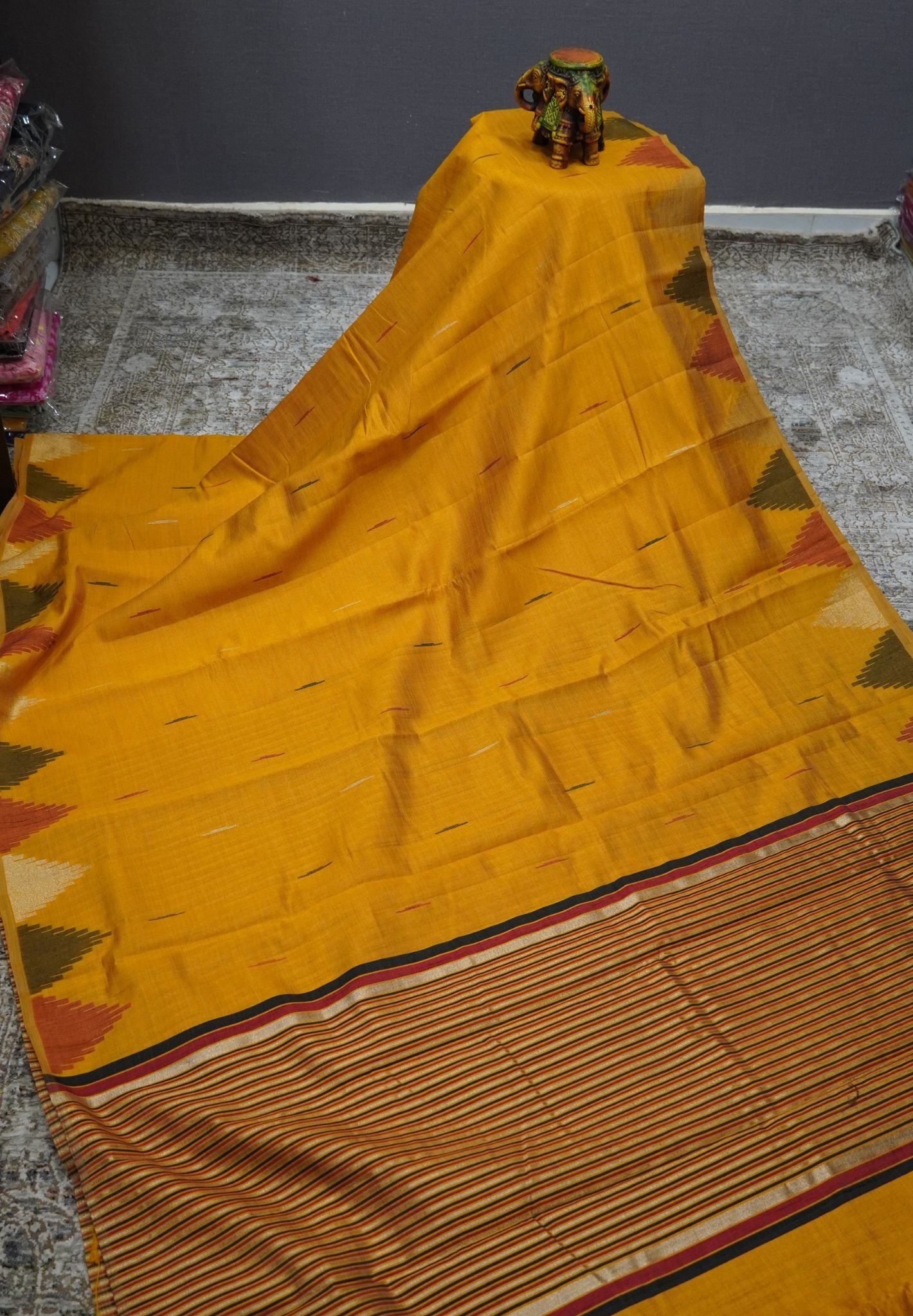 Semi Tussar Saree – Contemporary Temple Border Design – Mustard