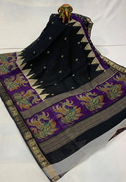 Malai Cotton Saree-Black with Kalamkari Border