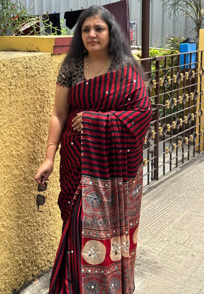 Pure Modal Silk Saree-Original Mirror Work & Traditional Printed Motifs - Red
