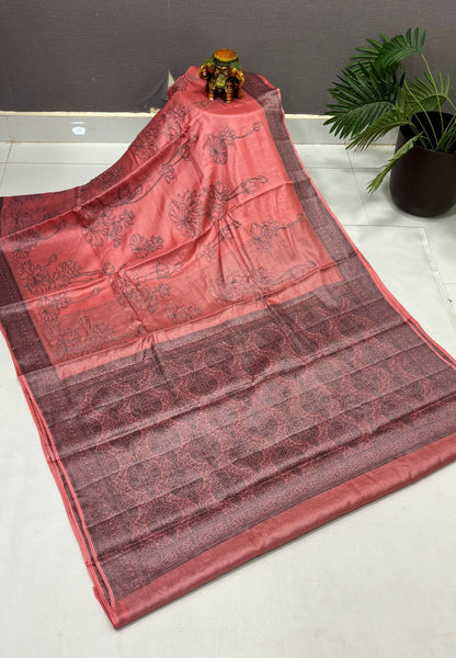 Tussar Saree-Peach In Glitter Floral Border