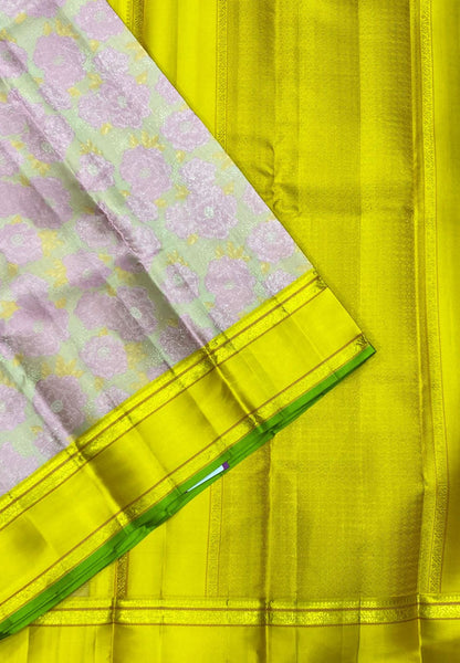 Pure Kanchipuram Silk Saree-Biege with Floral -Yellow Retapet border