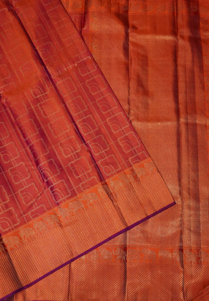 Pure Kanchipuram Silk Saree- Sunset Orange with Architectural motif