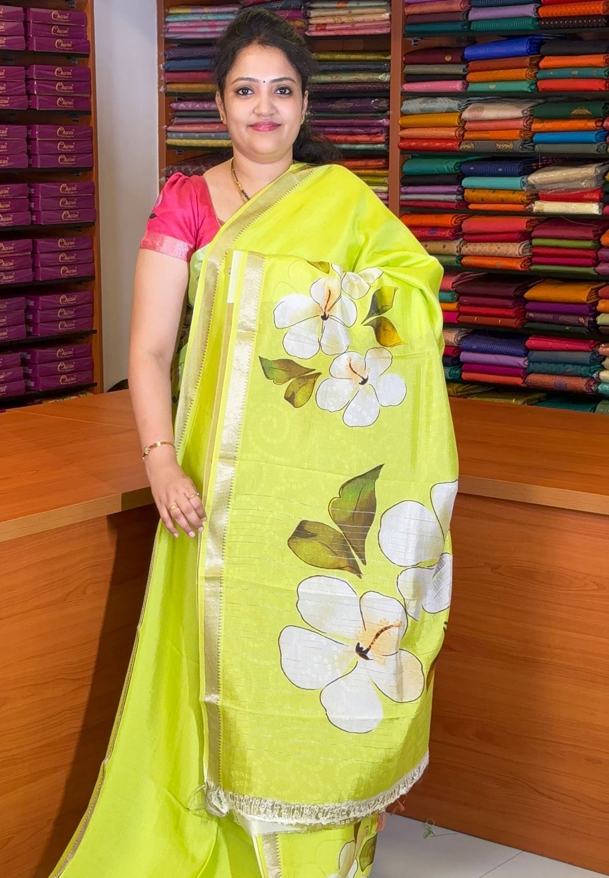 Pure Mangalgiri Silk Saree-Flourscent Green in Floral Print with Small Border