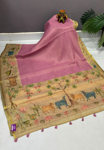 Tissue Linen Saree-Purple in Pichwai Art Printed Border
