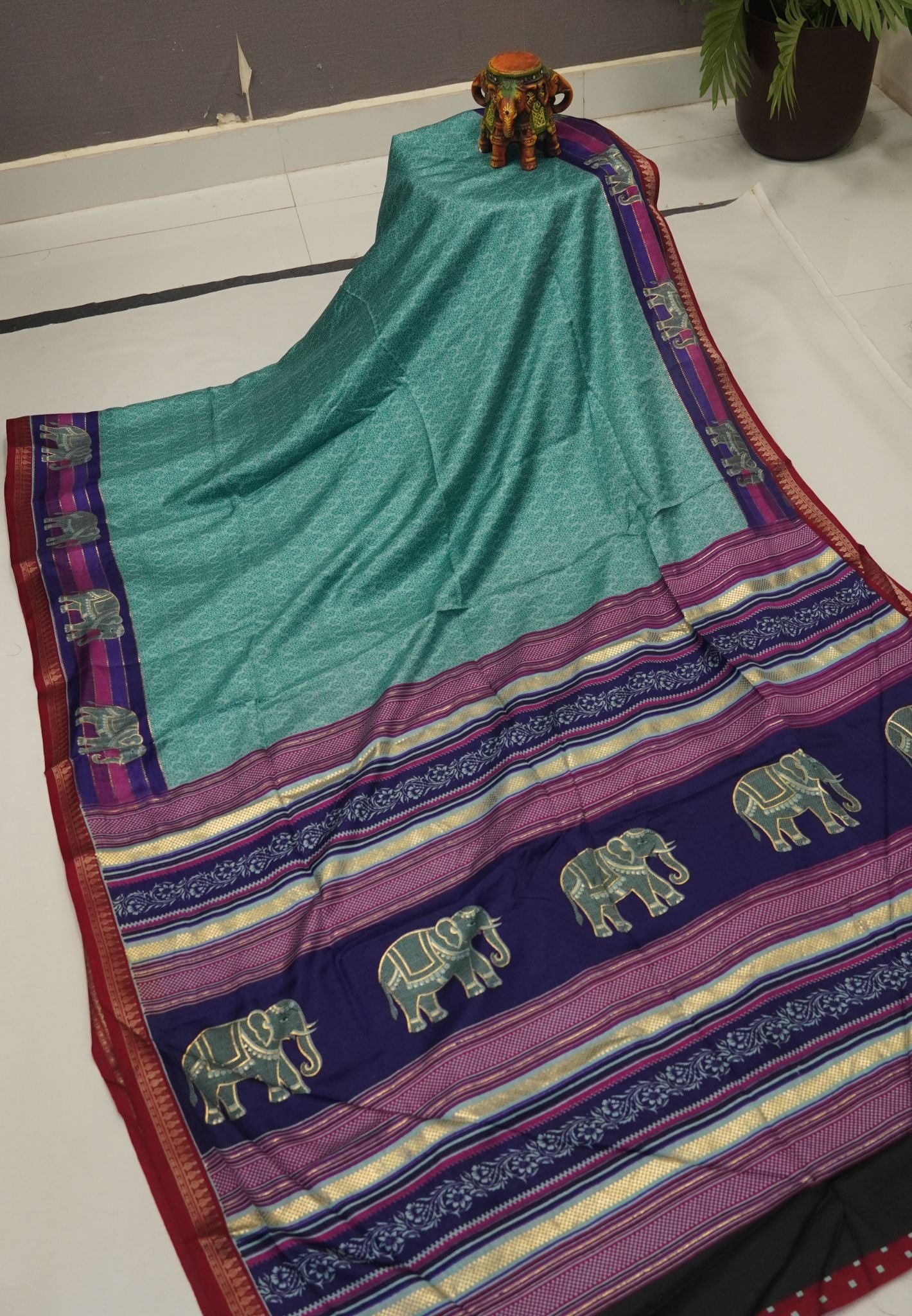 Dola Saree-Sea Green with Contrast Elephant Border
