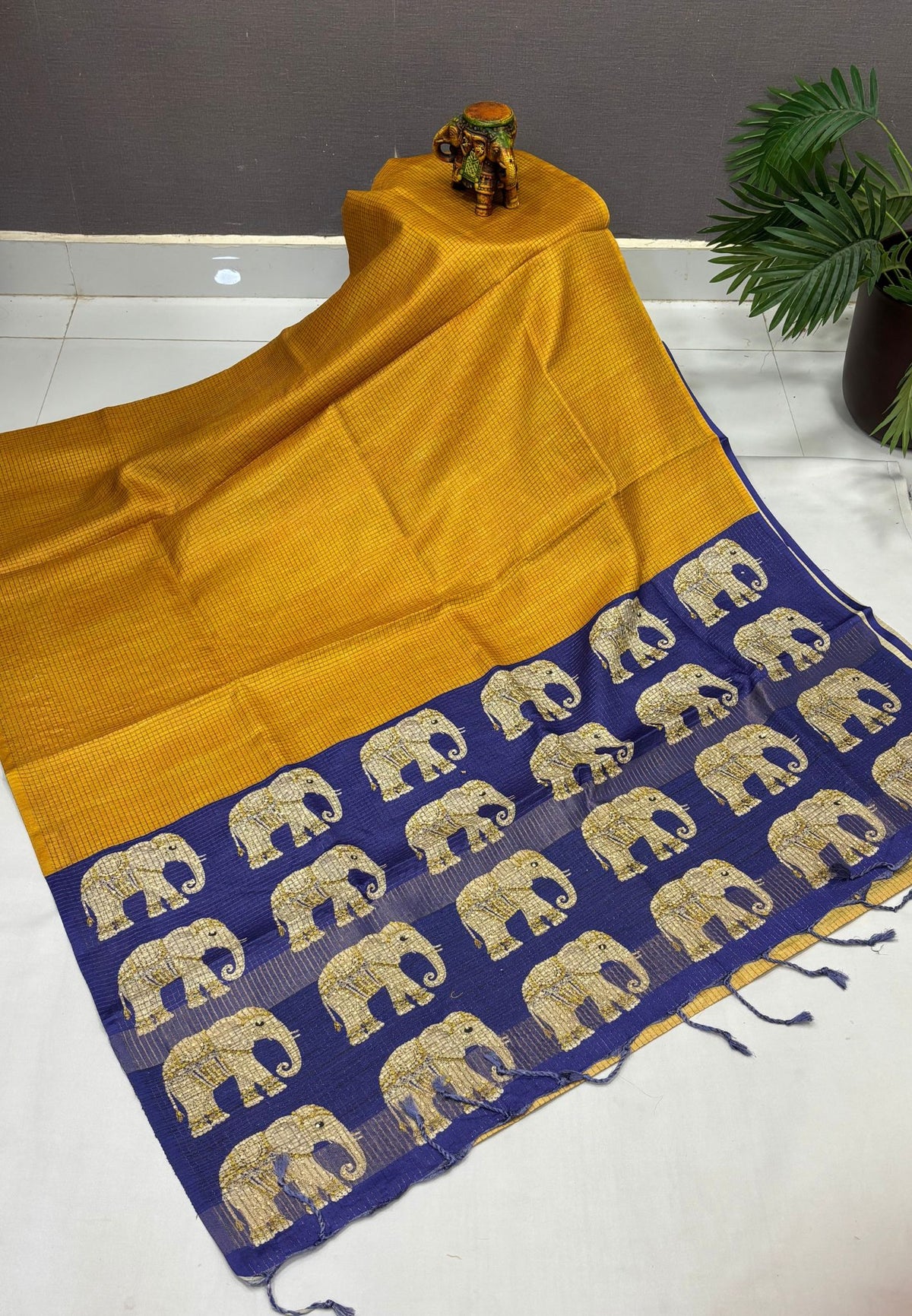 Tussar Saree-Mustard In Elephant Motif Border