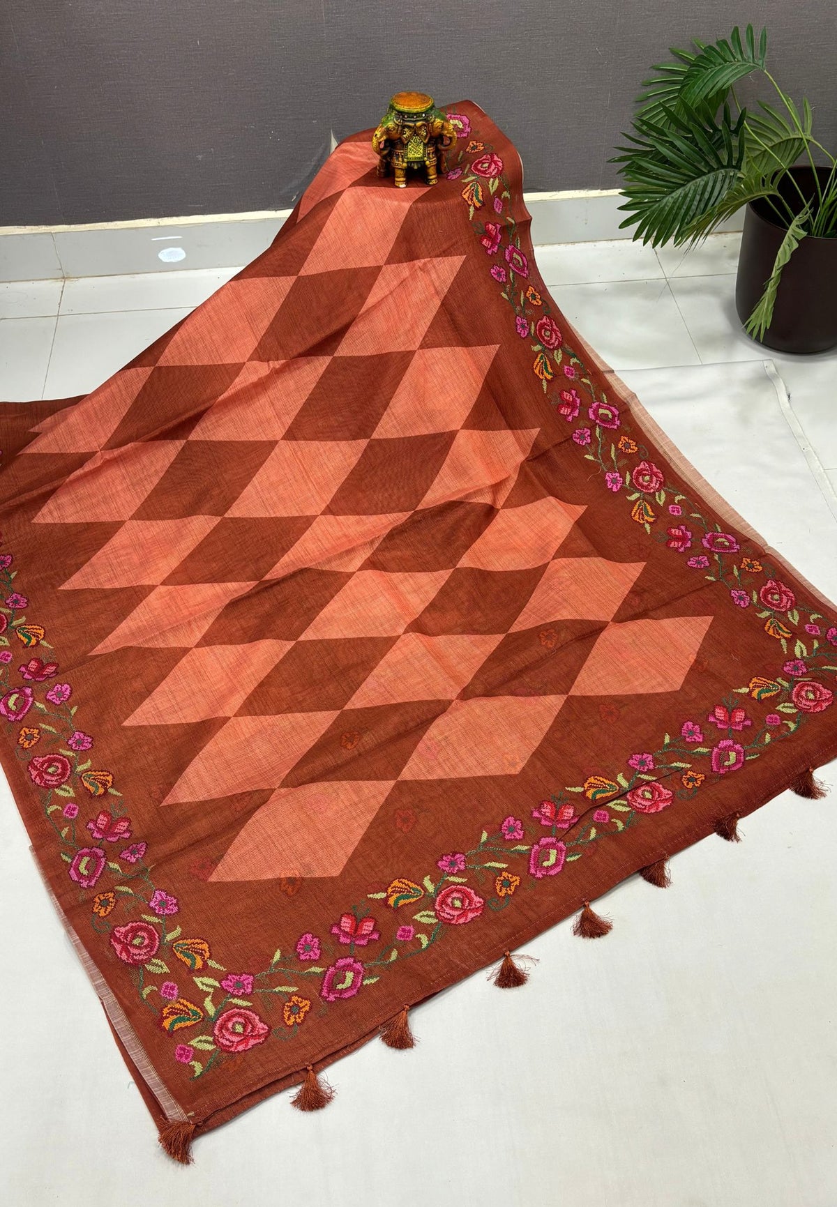 Tissue Linen Saree-Orange In Cross Stitch Floral Border