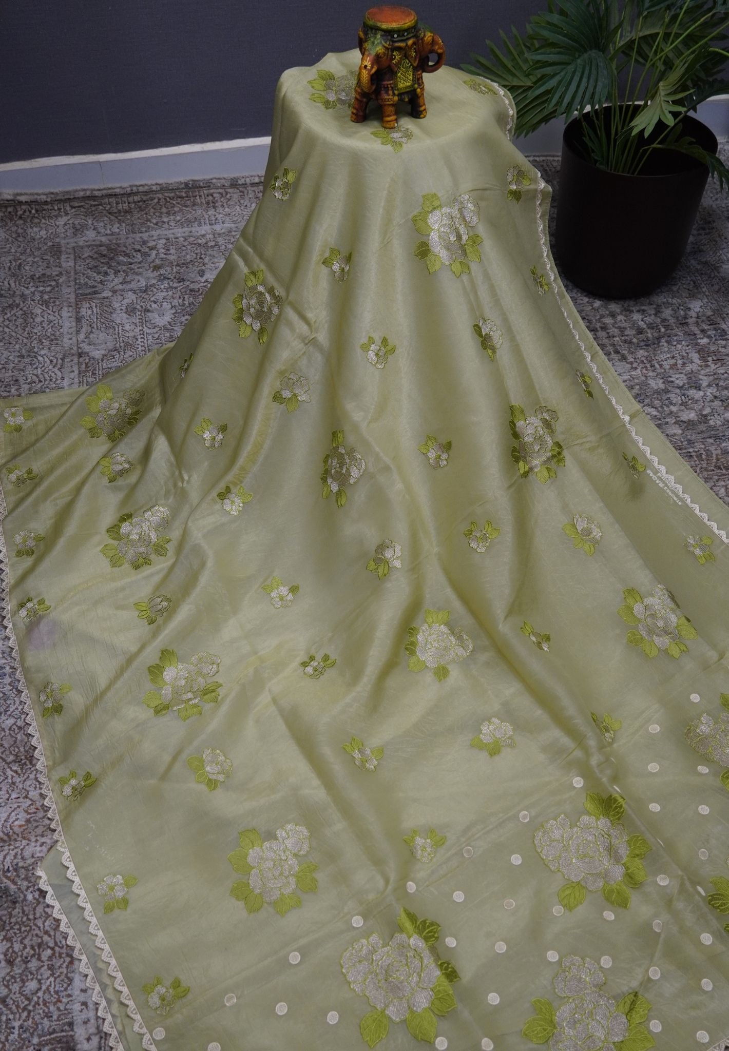 Paper Work Saree - Green Rose